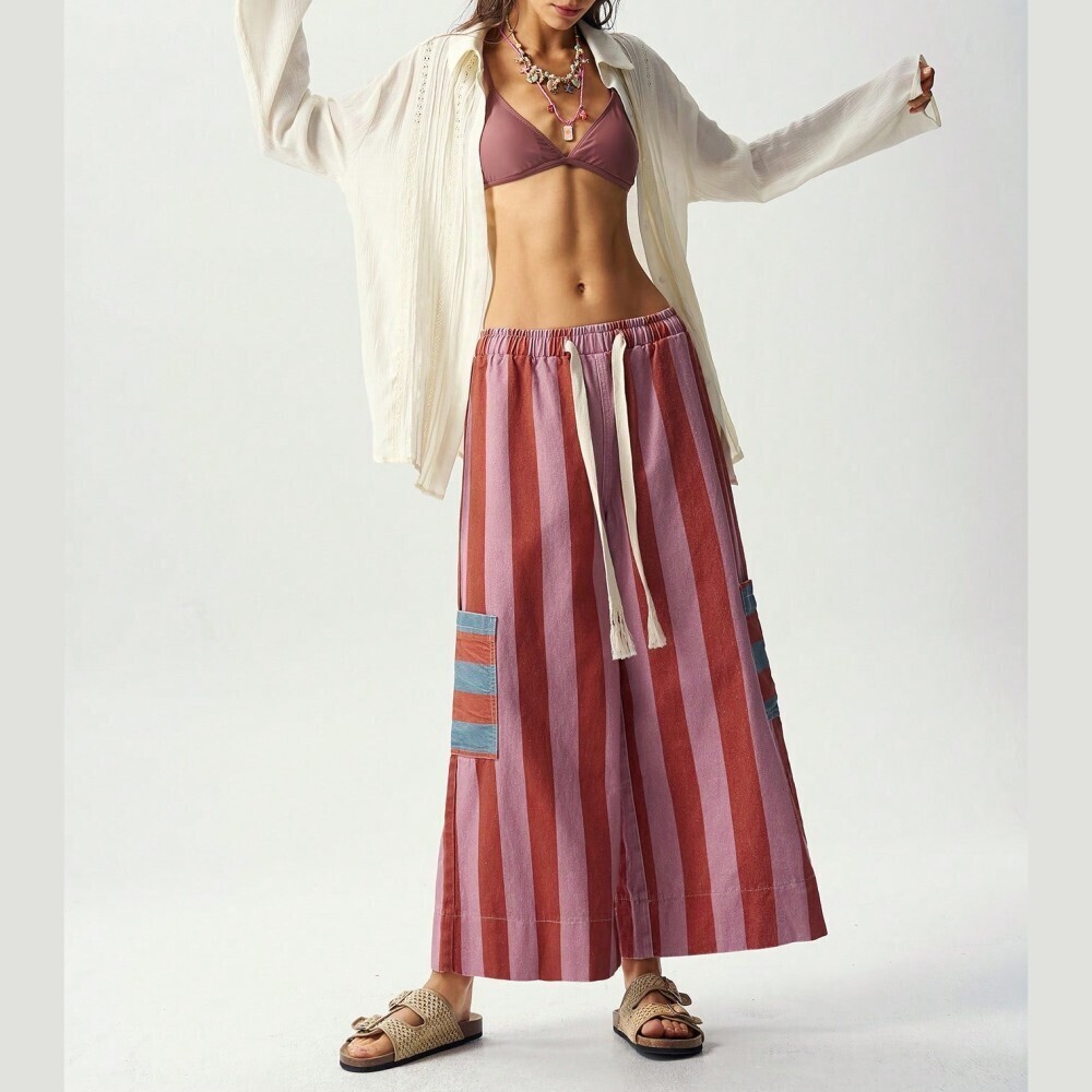 Pink & Burgundy Striped Cropped Pants with Tassel Drawstring - Picture 4 of 7